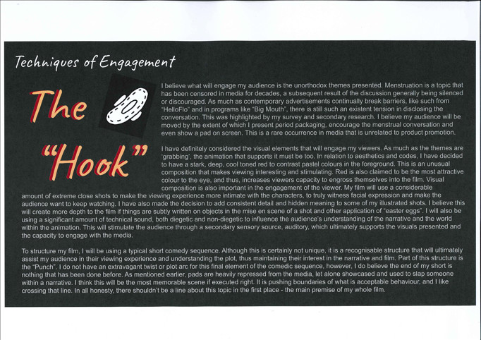 A page from a student design folio that shows techniques of engagement. This page is black with white writing and has the hook in red cursive text on the top left of the image.  
