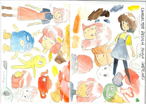A  page from a student design folio that shows the character development and preproduction of a series of brightly colored Japanese animation inspired characters from water color to final options 