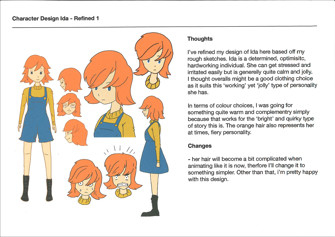 A  page from a student design folio that shows the character development and preproduction of a series of brightly colored Japanese animation inspired characters from water color to final options 