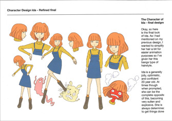 A  page from a student design folio that shows the character development and preproduction of a series of brightly colored Japanese animation inspired characters from water color to final options 