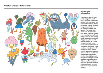 A  page from a student design folio that shows the character development and preproduction of a series of brightly colored Japanese animation inspired characters from water color to final options 