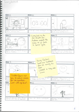 A page from a student design folio that shows  a digitally rendered and colored story board of elderly man walking into a shop 