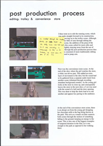 A page from a student design folio that shows the post production process with seven thumbnail images and typed text with notes about the process 