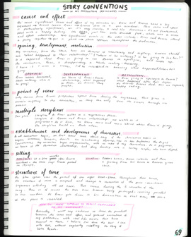 A page from a student design folio that shows detailed hand written notes in colored pens that describe feedback on the production 