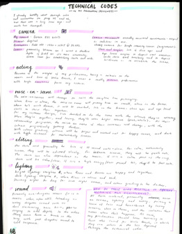 A page from a student design folio that shows detailed hand written notes in colored pens that describe feedback on the production 
