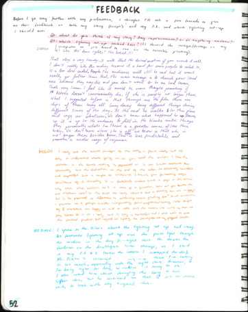 A page from a student design folio that shows detailed hand written notes in colored pens that describe feedback on the production 