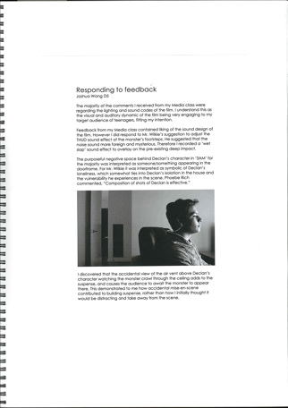 A page from a student design folio that shows a black and white image of a boy sitting at a desk and typed notes about the mise en scene 