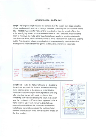 A page from a student design folio that shows the amendments on the day to a script including a hand drawn story board 