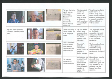A page from a student design folio that shows the justification of realistation, expressed as a table with small thumbnails images and typed annotations 