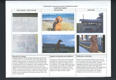 A page from a student design folio that shows the justification of realistation, expressed as a table with small thumbnails images and typed annotations 