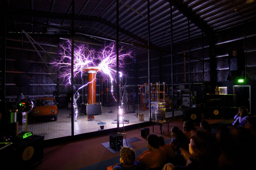 Tesla Coil and audience in Lightning Room Scienceworks