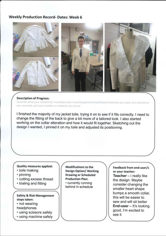 A page from a student design folio that shows the production process with typed observations and four photographs of the piece being worked on and fitted to the body
