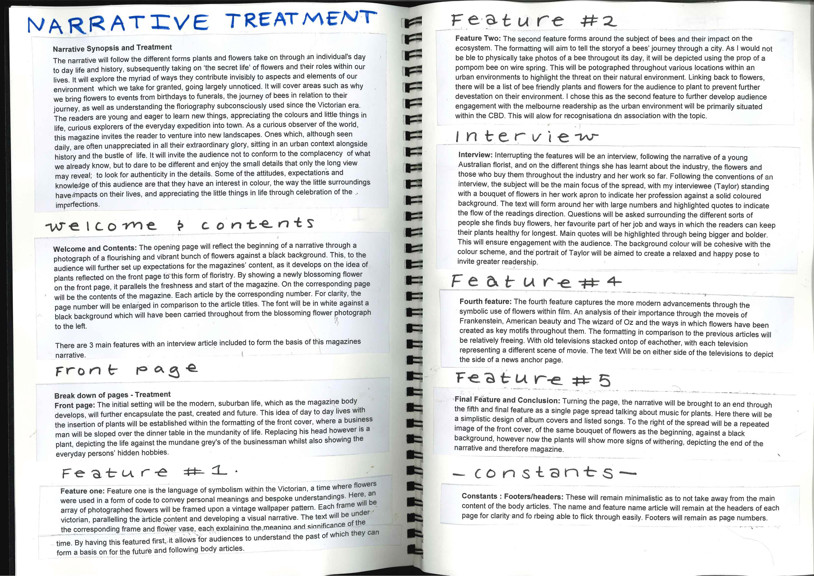 A double page from a  student design folio that shows the students typed and hand written responses to the narrative treatment of her work