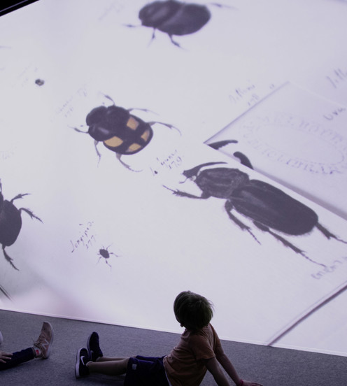Two children looking at a large screen