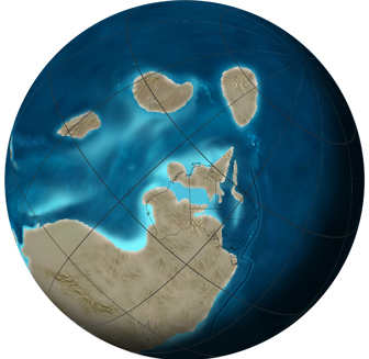 Orthographic or spherical map of global plate tectonic movement. Global paleogeographic reconstruction of the Earth.