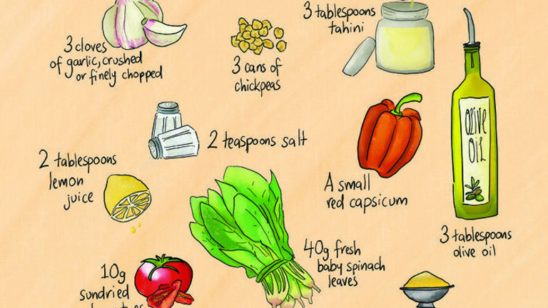 Illustration of ingredients used to make rainbow hummus