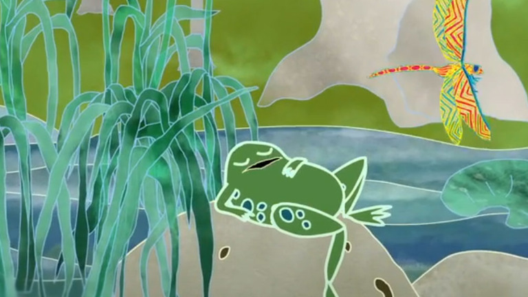 Illustration of a frog on a rock in a pond
