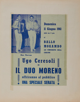 Page from a 36-page bound scrapbook collated by the Ceresoli family, containing newspaper advertisements, newspaper articles, posters and programs relating to the Mokambo Orchestra during the period 1952 to 1983