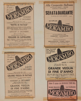 Page from a 36-page bound scrapbook collated by the Ceresoli family containing performance posters, newspaper advertisements and newspaper articles relating to the Mokambo Orchestra during the period 1964-1966