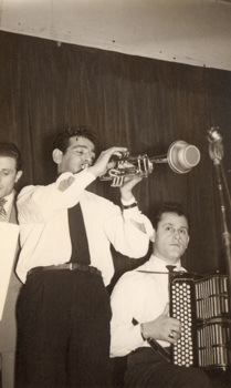 A trumpet player alongside Ugo Ceresoli and his accordion, performing with the Mokambo Orchestra, Carlton, 1950s