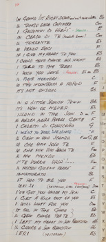 Page from a songbook listing songs which were part of the Mokambo Orchestra repertoire from the 1950s until the 1990s, in alphabetical order. The languages include Greek, Spanish, Italian, German, French and English. Style and origin of songs include Maltese, Mexican, Latin-American, Bohemian and Cuban. The last page of the songbook features a collection of well-known songs from film soundtracks.