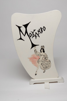 Music stand depicting a female dancer in flamenco garb used by members of the Mokambo Orchestra during the 1950s