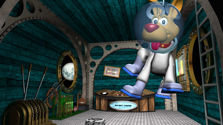Cartoon dog floating in air on spaceship