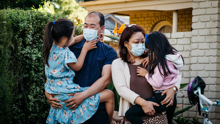 Family group in masks