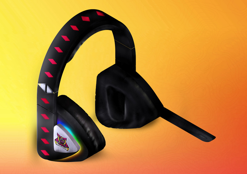 A computer-generated isometric drawing of a pair of gaming headphones. The Sydney Samurais logo is situated on the ear covers.