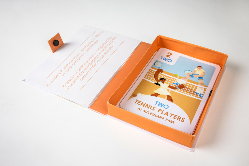 A box containing ten counting cards is displayed open. A card is featured with a cartoon drawing of two tennis players at Melbourne Park.
