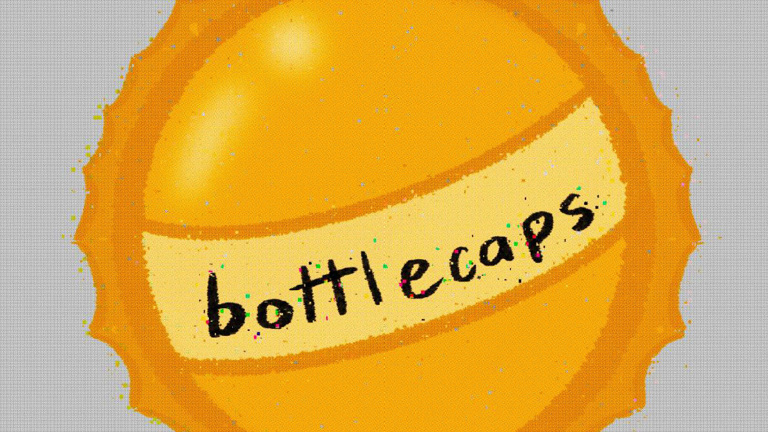 A digital illustration of a yellow bottlecap against a grey background. There is black text across its center which reads ‘bottlecaps’.