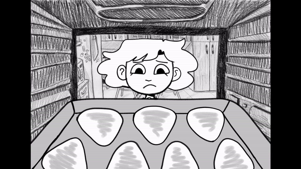 A black and white animated still showing food baking in an oven. A person is looking into the oven with a sad expression on their face.