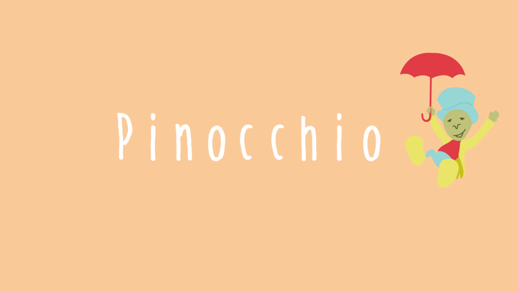 A still from the Pinocchio opening sequence. The title ‘Pinocchio’ is set on an orange background. A yellow figure in a blue top hat drifts down holding an umbrella.