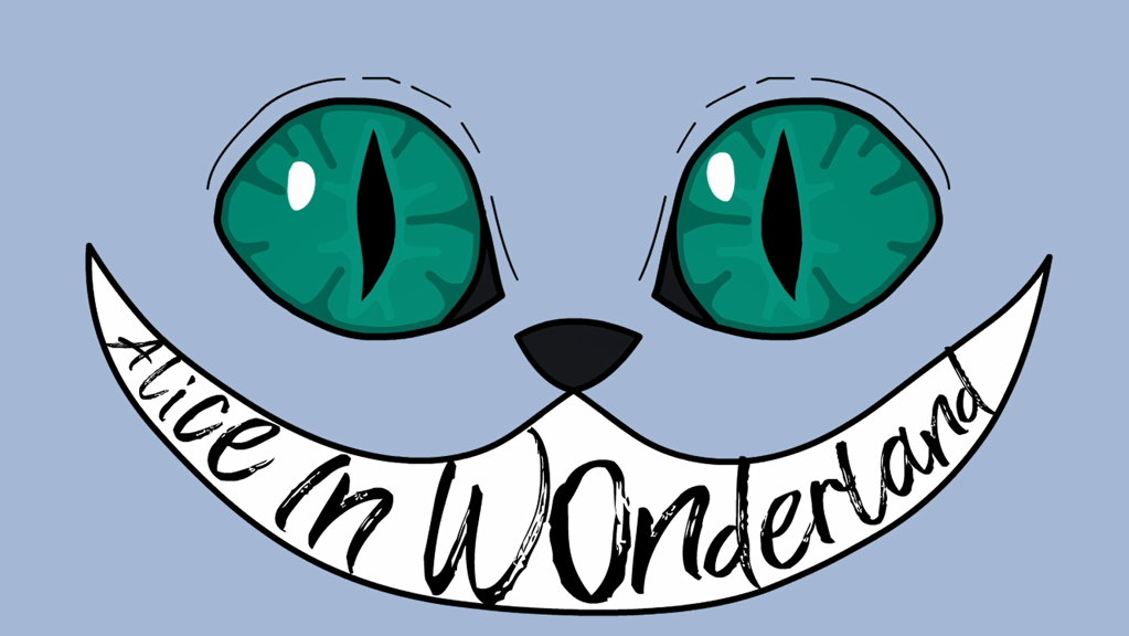 A still from the opening sequence. Large green cat eyes are set on a light blue background. A wide smiling mouth holds the title ‘Alice in Wonderland’.