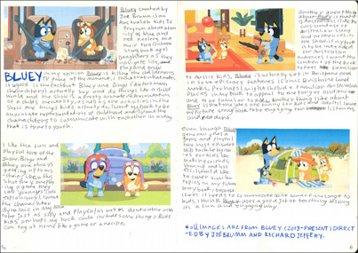 This folio page shows four images from the TV show ‘Bluey’, annotated with explanation about why the show is successful and how it might inspire Ruby’s design.