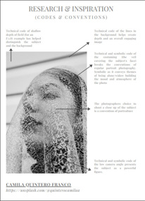 This folio page is part of Tavishek’s research. It shows a close-up portrait photograph that is annotated with different photographic codes and conventions.