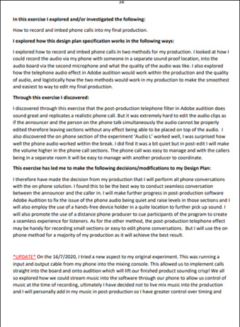 This folio page details a test exercise, wherein Jack tried the recording and embedding of phone calls into the final production. There is an explanation of how the exercise influenced the design plan.