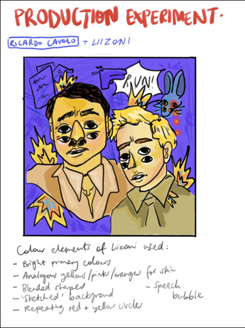 This folio page shows a production experiment, with an illustration of two characters. Colour elements have been influenced by the illustrator Liizoni.