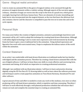This folio page describes the chosen genre, personal style, and context statement for Anise’s film. 