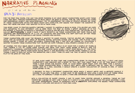 This folio page details one of the ideas for the narrative of Bottlecaps. There is an explanation of the story’s origin and the chosen theme of identity.