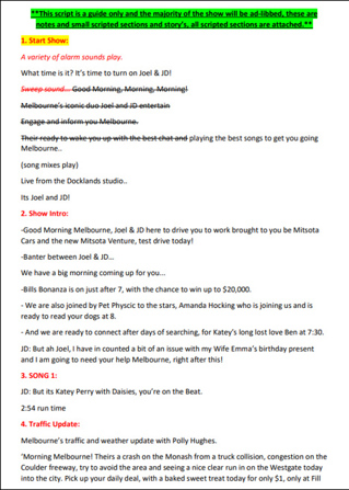 A section of the script for the ‘Joel & JD’ radio show, with an example of the show’s introduction and running order.