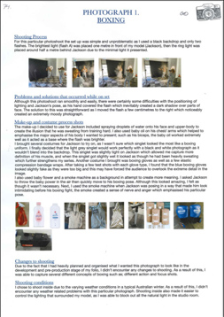 This folio page details the shooting process for Amy’s boxing photographs. Images from on set accompany the explanations.