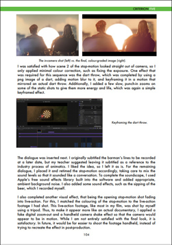 This folio page explores stop-motion production and editing. Images compare an in-camera shot with a colour-graded shot. There is also an explanation of keyframing and sound scaping.