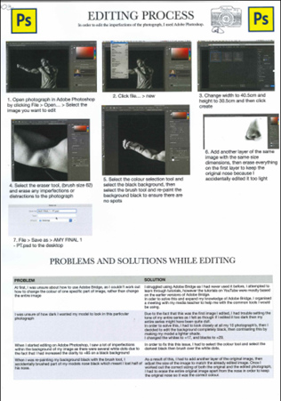 This folio page details the editing process for a series of photographs using Adobe Photoshop. Problems and solutions are discussed.