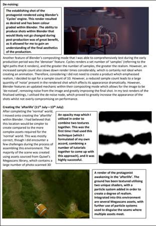 This folio page details the rendering process for an animated film, using a computer program called Blender.