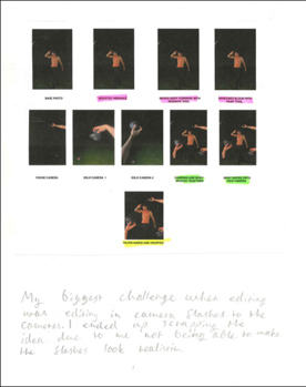 This folio page depicts the editing process for one of Miles’ final photographs. One of the major challenges of editing is described.