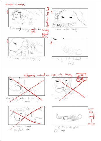 This folio page shows sketches of different frames for the short film ‘Breakfast for Maisie’. The frames are captioned, and red text is used to edit and annotate.