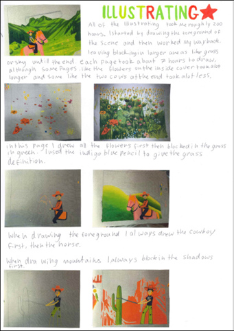 This folio page breaks down the illustration process, showing how the drawings took shape and the time spent on each page.