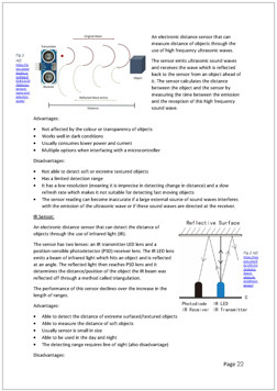 This folio page lists advantages and disadvantages of two different electronic sensors. Graphics are used to depict the function of each sensor.