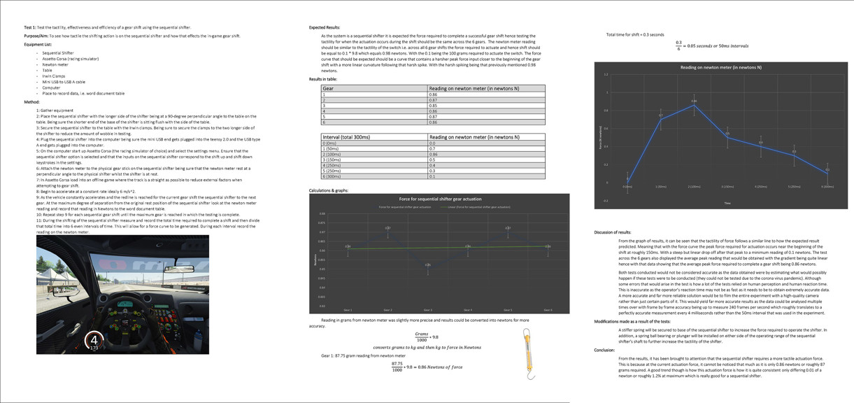 These folio pages describe different tests of the racing simulator system. The test results are compared with predicted results, and help inform any necessary modifications to the system design.